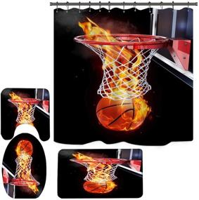 img 2 attached to 🏀 Boys Sports Basketball Shower Curtain Set with Non-Slip Toilet Rugs and Bath Mats - Ignited Basketball Design for Bathroom Décor (H8)