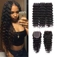 набор волос beauhair 8a grade brazilian deep wave 3 пачки с встраиваемой кружевной закрытой частью без обработки натуральный черный (12 14 16 с 10 закрытием). логотип