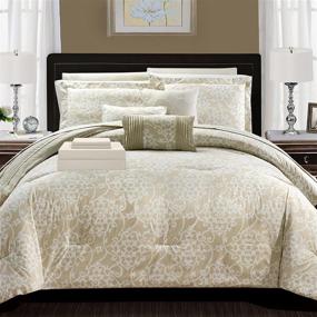 img 2 attached to Chic Home Lea 10 Piece Reversible Comforter Set with Ruffled Pinch Pleat Motif Print – Complete Bedding Set with Sheets, Decorative Pillows, and Shams Included – Queen Size in Beige