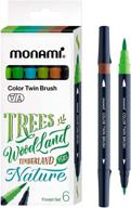 🎨 ручка с двойной кистью monami color twin brush, 6 штук, для раскрашивания, каллиграфии, рукописного письма и иллюстраций - лесные цвета (зеленый, светло-зеленый, изумрудный, оливковый, коричневый, черный) логотип