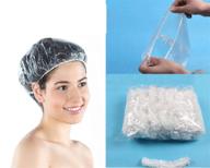 🚿 pack of 100 individually wrapped clear disposable plastic shower caps - large elastic thick bath cap for women spa, home use, hotel, and hair salon logo