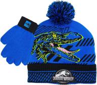 boys' and toddlers' jurassic park winter set: pom-pom beanie with blue velociraptor design and snow gloves, 2-piece bundle logo