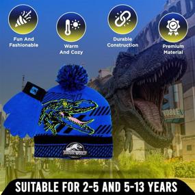 img 2 attached to Boys' and Toddlers' Jurassic Park Winter Set: Pom-Pom Beanie with Blue Velociraptor Design and Snow Gloves, 2-Piece Bundle