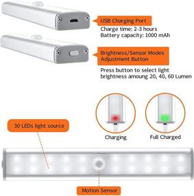 img 2 attached to 🔦 Otdair 30 LED Closet Lights 3 Pack - Dimmable Motion Sensored, Rechargeable Under Cabinet Lighting Stick-on Anywhere for Kitchen, Wardrobe, Stairs, Bedroom, Hallway