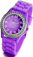 💜 stylish women's purple platinum tone rhinestone crystal watch with large round face - high fashion silicone strap logo