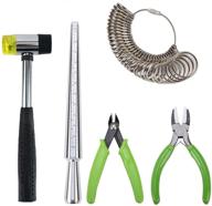 complete jewelry tools set: jewelers rubber hammer, metal ring mandrel, ring sizer tool finger gauge, nylon jaw pliers, and jewelry flush cutter logo