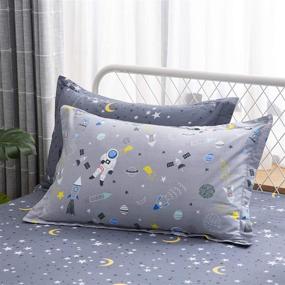 img 2 attached to 🚀 Brandream Queen Size Space Rocket Astronaut Kids Bedding Set - Grey Cotton, Includes Top Sheet, Fitted Sheet, and 2 Pillow Cases