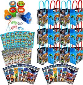 img 4 attached to 🚛 TINYMILLS Monster Truck Birthday Party Favor Set - 108 pcs: 12 Treat Bags, 24 Self-Ink Stamps, 12 Sticker Sheets, 12 Coloring Books, 48 Crayons