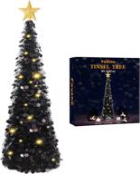 🎄 fovths 5 feet coastal glittery black tinsel christmas tree: pop up, collapsible w/ gold tree top star, 55 led lights - ideal for christmas decor, home decor & party supplies logo