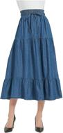 trendy tronjori womens denim skirt: stylish a-line, long midi length with elastic waist & drawstring - tired pleated layers logo