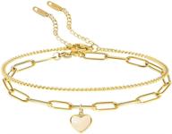 💖 dainty paperclip filled adjustable layered gold bracelets for women – aimou 14k gold plate with love heart pendant charm logo