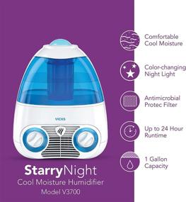 img 1 attached to Увлажнитель Vicks Starry Night Cool Mist для средних и больших комнат - бак на 1 галлон, для детских комнат, лампочка со звёздным ночным светом, совместим с Vicks VapoPads.