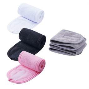 img 4 attached to 🎀 Set of 4 Facial Spa Headbands - White, Black, Pink, Gray | Makeup Shower Bath Wrap Sport Headband | Terry Cloth Stretch Towel with Magic Tape