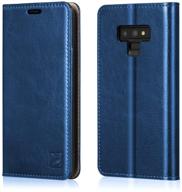 🔵 belemay genuine cowhide leather wallet case for samsung galaxy note 9 - blue logo