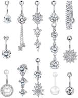 fibo steel 14g dangle belly button rings - 316l stainless steel navel jewelry for women - navel piercing collection set of 12 pieces logo