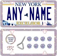 newzon bling license plate frame for women: 4 holes sparkly ab rhinestone covers - 2 pack stainless steel frame with diamond cap screw set logo
