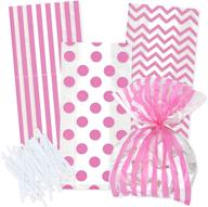 🎀 pastel pink baby shower favor bags: 100 light pink cellophane bags with twist ties in polka dots, striped, and chevron design logo