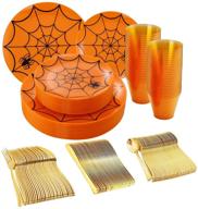 🕷️ liacere 150pcs halloween spider plastic plates set - spider web party supplies including 25 guests orange and black plates, orange cups, and gold cutlery for memorable halloween party! logo