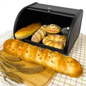 img 2 attached to 🍞 Black Metal Bread Box with Roll Top Lid - X458 Kitchen Storage Container (Black)