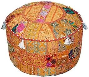 img 1 attached to 🧡 Aakriti Gallery Ethnic Embroidered Pouf Cover, Indian Cotton Round Ottoman Pouf Cover - Only (Orange, 18x13)