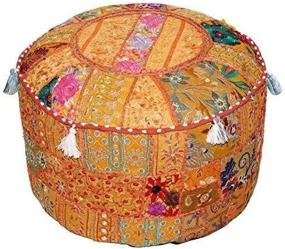 img 3 attached to 🧡 Aakriti Gallery Ethnic Embroidered Pouf Cover, Indian Cotton Round Ottoman Pouf Cover - Only (Orange, 18x13)