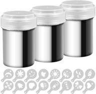 stainless steel powder shaker 3-pack with fine-mesh lid, aifuda power can for baking cooking at home or restaurant, includes 16pcs printing molds stencils logo