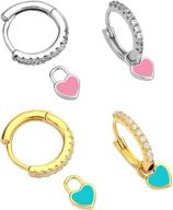 💍 newitin 2 pairs y2k hypoallergenic hoop earrings for women girls - smiley, enamel, heart, disc, cubic zirconia, gold plated, stainless steel logo