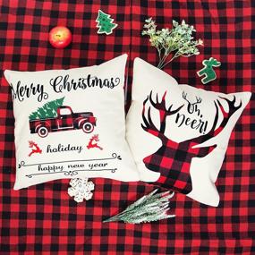 img 1 attached to 🎄 Enhance Your Home Decor with Ouddy Christmas Pillow Covers: Set of 4 Farmhouse Buffalo Check Plaid 18x18 Throw Pillows, Perfect Linen Winter Holiday Cushion Cases for Couch Sofa