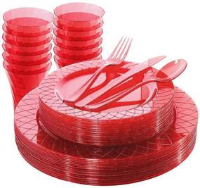 img 4 attached to 🎄 BUCLA 20 Guest Red Plastic Plates With Disposable Cutlery & Plastic Cups - Complete Red Disposable Tableware Set for Christmas & Parties - 40 Plates, 20 Cups, 60 Silverware