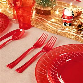 img 1 attached to 🎄 BUCLA 20 Guest Red Plastic Plates With Disposable Cutlery & Plastic Cups - Complete Red Disposable Tableware Set for Christmas & Parties - 40 Plates, 20 Cups, 60 Silverware
