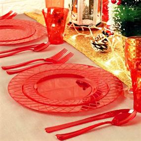 img 3 attached to 🎄 BUCLA 20 Guest Red Plastic Plates With Disposable Cutlery & Plastic Cups - Complete Red Disposable Tableware Set for Christmas & Parties - 40 Plates, 20 Cups, 60 Silverware