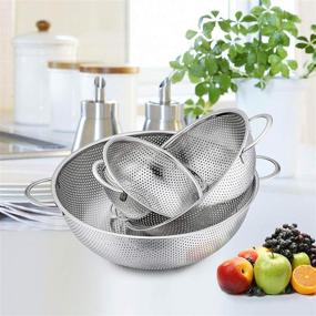 img 3 attached to 🍝 P&P CHEF Set of 3 Stainless Steel Micro-Perforated Colanders Strainers for Draining, Rinsing, and Washing - Ideal for Pasta, Vegetables, Fruits - Heavy Duty, Dishwasher Safe - 1/3/5 Quart