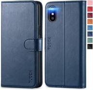 📱 tucch iphone xs case: rfid blocking wallet with wireless charging, credit card slot, auto wake/sleep - dark blue logo