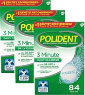 polident triple mint antibacterial denture cleanser tablets - effervescent, 84 count, pack of 3 - clean in just 3 minutes! logo