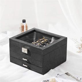 img 3 attached to 📿 SONGMICS Gray Velvet Jewelry Box with 3 Tiers, Clear Glass Lid, Multiple Compartments for Necklaces, Bracelets, Rings, Lock and Key - UJBC158G01