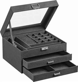 img 4 attached to 📿 SONGMICS Gray Velvet Jewelry Box with 3 Tiers, Clear Glass Lid, Multiple Compartments for Necklaces, Bracelets, Rings, Lock and Key - UJBC158G01