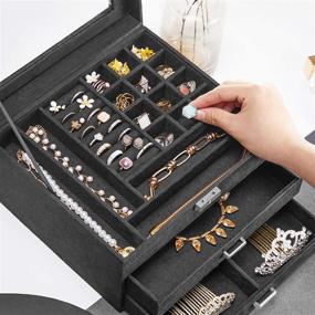 img 1 attached to 📿 SONGMICS Gray Velvet Jewelry Box with 3 Tiers, Clear Glass Lid, Multiple Compartments for Necklaces, Bracelets, Rings, Lock and Key - UJBC158G01