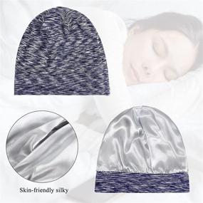 img 2 attached to 4-Pack Satin-Lined Sleep Cap with Elastic Band - Hair Cover Bonnet, No Fading - Adjustable Slouchy Beanie Night Sleeping Cap for Women & Girls with Frizzy Hair - 4 Colors (Black, Grey, Royal Blue, Navy Blue)