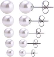 crazypiercing 5 pairs stud pearl earrings – assorted sizes ball stud earrings set, 4mm-8mm round ball stainless steel earrings pin logo
