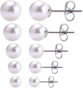 img 4 attached to CrazyPiercing 5 Pairs Stud Pearl Earrings – Assorted Sizes Ball Stud Earrings Set, 4mm-8mm Round Ball Stainless Steel Earrings Pin