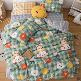 img 3 attached to LAYENJOY Cartoon Duvet Set: Cotton DJ Rabbit White Bear Duck Cloud Florl Queen Size Bedding with Green Check Plaid Pattern - Perfect for Kids, Teens, Boys, Girls - Cute, Soft Comforter Cover Including 2 Pillowcases