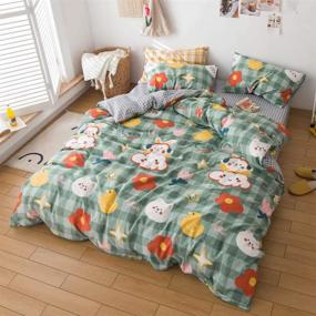 img 4 attached to LAYENJOY Cartoon Duvet Set: Cotton DJ Rabbit White Bear Duck Cloud Florl Queen Size Bedding with Green Check Plaid Pattern - Perfect for Kids, Teens, Boys, Girls - Cute, Soft Comforter Cover Including 2 Pillowcases