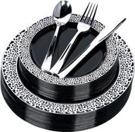 🍽️ fomoica black silver plastic plates and silverware - 125 pcs disposable premium plastic dinnerware set - reusable dinner plates, forks, spoons, knives - ideal for birthday parties, weddings, halloween, christmas logo