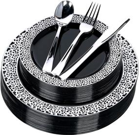 img 4 attached to 🍽️ FOMOICA Black Silver Plastic Plates and Silverware - 125 Pcs Disposable Premium Plastic Dinnerware Set - Reusable Dinner Plates, Forks, Spoons, Knives - Ideal for Birthday Parties, Weddings, Halloween, Christmas