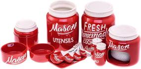 img 4 attached to Red Mason Jar Kitchenware Set - Vintage Ceramic Kitchen Accessories - Measuring Cups, Measuring Spoons, Spoon Rest, Salt Pepper Shakers, Sponge Holder, Cookie Jar, Utensil Crock - 17-Piece Set