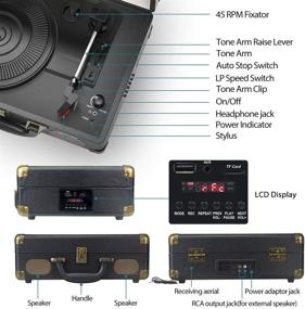 img 3 attached to Портативный проигрыватель с Bluetooth, FM-радио, разъемом для наушников и 3 скоростями винилового проигрывателя в ретро-стиле - включая 2 стерео-динамика.