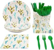 🌵 fiesta party supplies bundle - cactus plates, plastic cutlery, paper cups, and luncheon napkins (serves 24, 144 pieces) logo