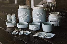 img 3 attached to 🍽️ Aqua Blue 17-Piece Mason Jar Kitchenware Set - Vintage Ceramic Kitchen Accessories - Measuring Cups, Spoons, Spoon Rest, Salt and Pepper Shakers, Sponge Holder, Cookie Jar, Utensil Crock - Complete Collection for Stylish Kitchen Decor