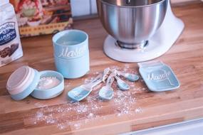 img 1 attached to 🍽️ Aqua Blue 17-Piece Mason Jar Kitchenware Set - Vintage Ceramic Kitchen Accessories - Measuring Cups, Spoons, Spoon Rest, Salt and Pepper Shakers, Sponge Holder, Cookie Jar, Utensil Crock - Complete Collection for Stylish Kitchen Decor