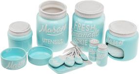 img 4 attached to 🍽️ Aqua Blue 17-Piece Mason Jar Kitchenware Set - Vintage Ceramic Kitchen Accessories - Measuring Cups, Spoons, Spoon Rest, Salt and Pepper Shakers, Sponge Holder, Cookie Jar, Utensil Crock - Complete Collection for Stylish Kitchen Decor